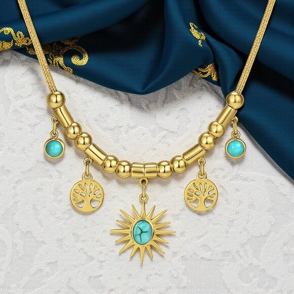 18K Gold Plated Stainless Steel Turquoise Necklace Sun Tree Of Life Charms - Picture 7 of 11